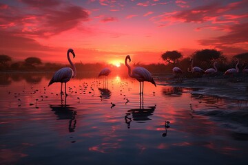 Flamingos wading in lake at sunset