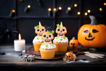halloween cupcakes with spooky decorations