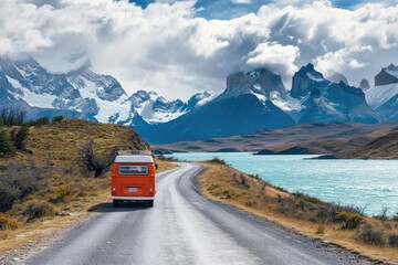 Mini van driving in Torres del Paine National Park, Chilean Patagonia.