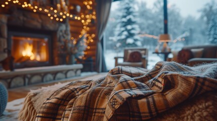 Cozy Interior, Scenes of the interior of a cozy cabin, featuring a fireplace, warm blankets, and winter decorations, creating a snug and inviting atmosphere