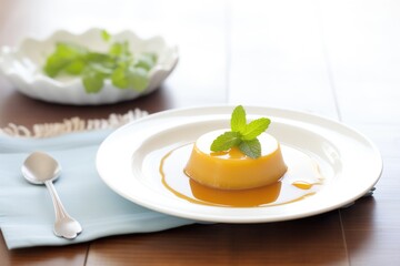 caramel flan quivering on a white dish with caramel sauce
