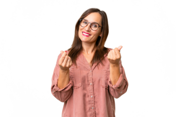 Middle-aged caucasian woman over isolated background making money gesture but is ruined