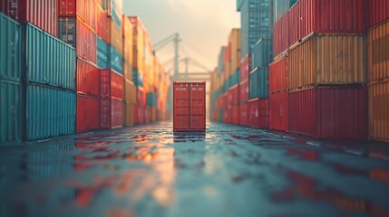 A lone figure stands before a vast array of colorful shipping containers in a commercial freight terminal, highlighting the scale and organization of global trade. - obrazy, fototapety, plakaty