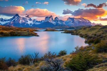 Scenic view of lake by mountains against sky during sunset,Torres del Paine,Chile.