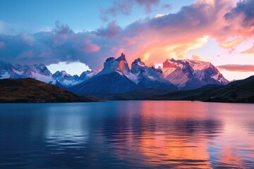 Fototapeta na wymiar Scenic view of lake by mountains against sky during sunset,Torres del Paine,Chile