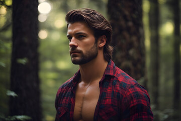 Shirtless Man Standing in Forest. Generative AI.