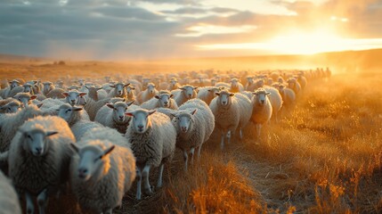A herd of sheep gathers in a field as the sun sets, casting a golden glow over the tranquil rural...
