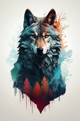 AI-Generated Double Exposure: Nordic Wolf and Forest - Mystical Digital Artwork
