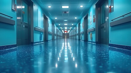 Obraz premium The pristine and empty blue-toned corridor of a hospital evokes a sense of calm efficiency in healthcare.