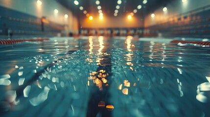 Underwater view of a serene swimming pool with light reflecting through the water, evoking calm and tranquility. - obrazy, fototapety, plakaty