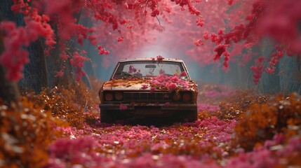 An abandoned car in a desolate area, dry leaves above the car, and flowers inside the car.