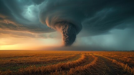 A massive tornado funnel looms over a desolate farmland at sunset, a stark reminder of nature unpredictable power. - obrazy, fototapety, plakaty