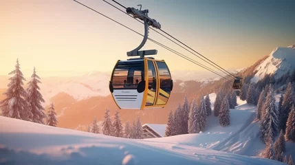 Türaufkleber New modern spacious big cabin ski lift gondola against snowcapped forest tree and mountain peaks covered in snow landscape © alexkich