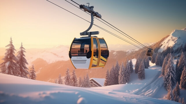 New modern spacious big cabin ski lift gondola against snowcapped forest tree and mountain peaks covered in snow landscape