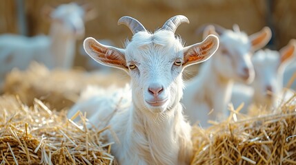 Close-up portrait of a serene white goat resting on straw bedding in a sunlit farm enclosure.