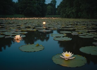floating water lily on the night river