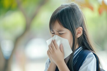 Sick little schoolgirl coughs and blows nose wiping with white paper napkin.  - obrazy, fototapety, plakaty