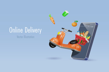 Online grocery shopping delivery service. Scooter with shopping basket full of grocery foods and drink. 3D vector cartoon character. - obrazy, fototapety, plakaty