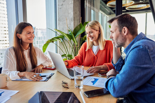 Smiling businesswoman having discussion over data with colleagues