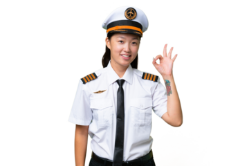 Airplane pilot Asian woman over isolated background showing ok sign with fingers
