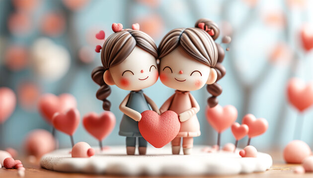 Two girls in Love,tenderness and romantic feeling concept. Happy Valentine's Day. Young couple in love holding a red heart, Cute animation copy space