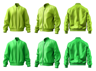 2 Set of dark light green lime, unisex bomber jacket with full zip zipper collar, front back side view on transparent background cutout, PNG file. Mockup template for artwork graphic design
