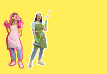 Pop art poster. Housewives having fun on yellow background. Space for text