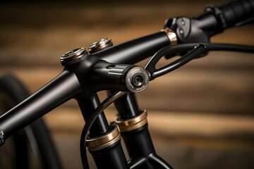 A close up of a bicycle handle on a wooden floo - obrazy, fototapety, plakaty