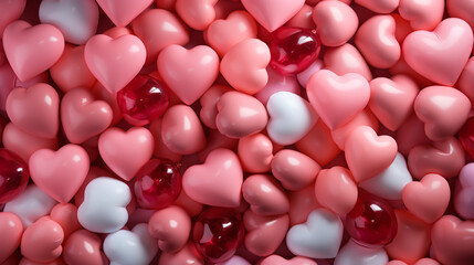 Many pink heart balloons on bright background. Minimal love concept.
