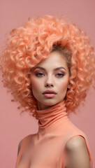 Female portrait, young lady with peach color curly hair on peach color background