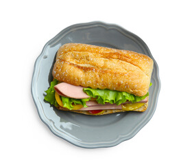 Tasty sandwich with boiled sausage, cheese and vegetables isolated on white, top view