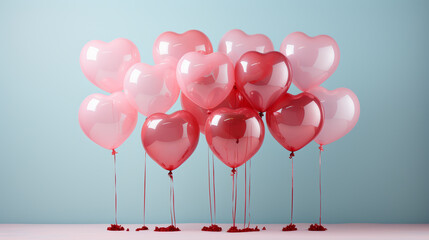 Many pink heart balloons on bright background. Minimal love concept.