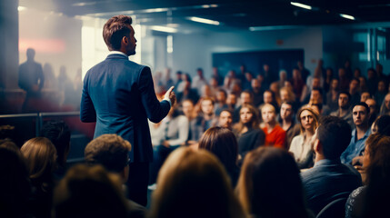 Man standing in front of crowd speaking to group of people - Powered by Adobe