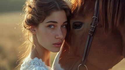 Genuine woman and her horse in the countryside - 715448335
