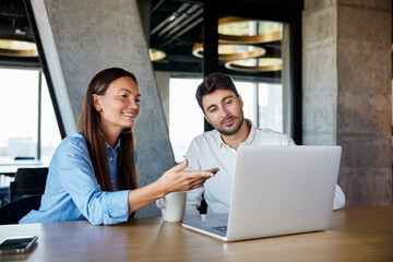 Happy businessman and businesswoman discussing over laptop at desk in office