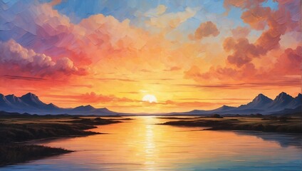 Fototapeta premium Sunset background painted in oil