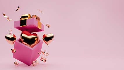 3D rendered pink and gold valentine themed of confetti,  gift boxes, and love balloons for banner template - obrazy, fototapety, plakaty