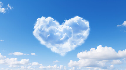 Naklejka na ściany i meble Heart shaped cloud on bright blue sky and white clouds.