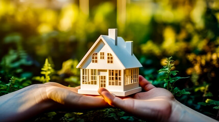 Person holding small model of house in their hands in front of some bushes.