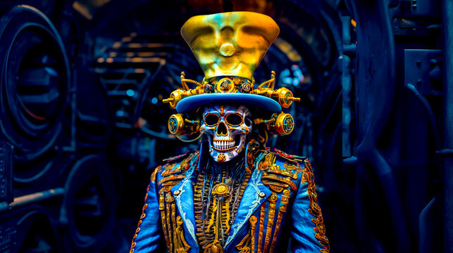 Skeleton wearing blue suit and gold top hat with gears on it.