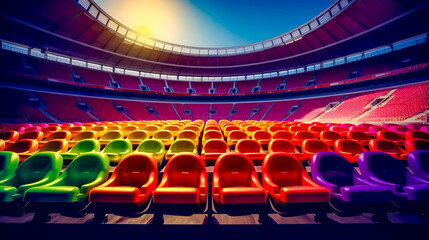 Stadium filled with lots of red and yellow chairs next to each other.