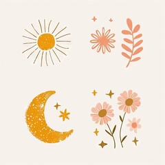 Obraz premium Abstract minimalist charming colorful moon and stars and flowers clipart. Great as vector, icons, decor, for poster design. Inspiration vibes.