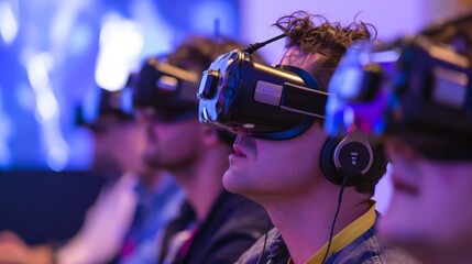 Engrossed Audience Experiencing Virtual Reality in Futuristic Atmosphere