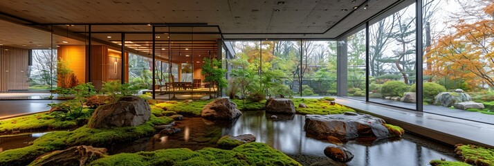 peaceful japanese indoor stone and water garden with moss, modern architecture - obrazy, fototapety, plakaty