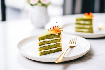 matcha green tea cake slices on a white plate