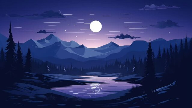Fantasy natural landscape at night with moonlight, cartoon illustration style. seamless looping 4k time-lapse animation video background
