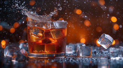 Dynamic shot of ice cubes falling in a glass. Cocktail with splashes and ice cubes.