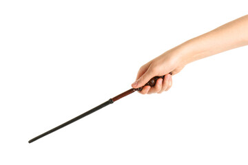 Woman holding wooden magic wand on white background, closeup