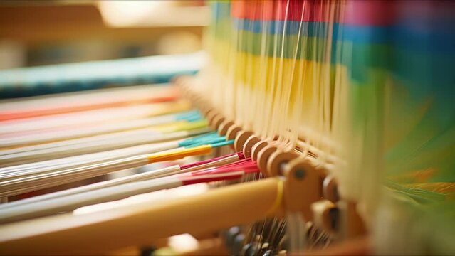 Closeup of a loom in a zero waste textile mill, repurposing hemp and silk ss into new fabric.