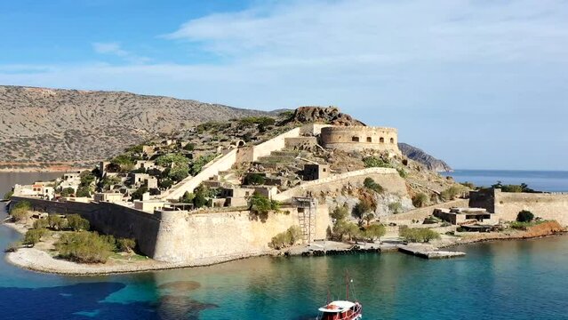 Aerial view of the island of Spinalonga, gulf of Elounda, Crete, Greece.